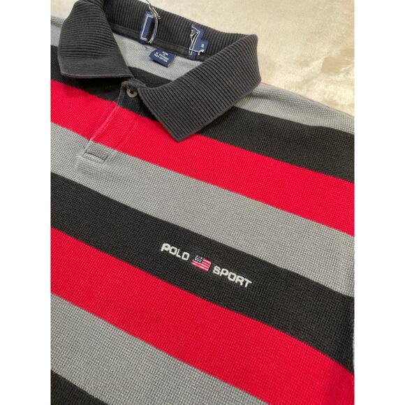 Vintage Red Grey & Black Stripped Mens Polo Short XL - Picture 4 of 8